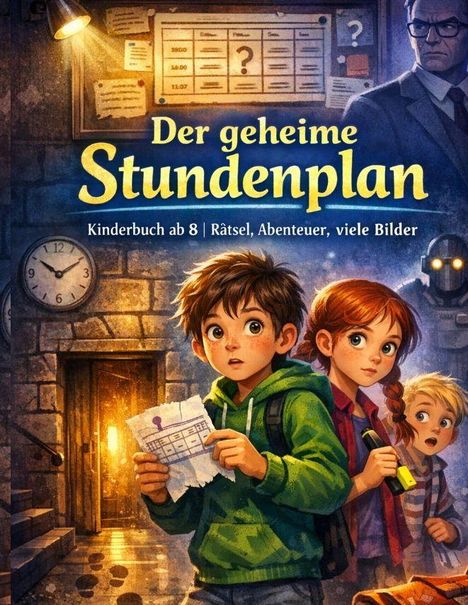 „Der geheime Stundenplan“: Kinderbuch ab 8 | Rätsel, Abenteuer, viele Bilder. Drei Kinder, überrascht, mit zerrissenem Plan.