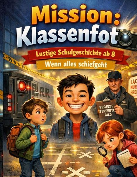 "Mission: Klassenfoto", "Lustige Schulgeschichte ab 8", "Wenn alles schiefgeht". Drei Kinder und ein Erwachsener in humorvoller Szene.