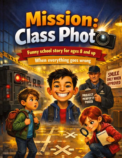Buchtitel: "Mission: Class Photo". Untertitel: "Funny school story for ages 8 and up. When everything goes wrong." Illustration.