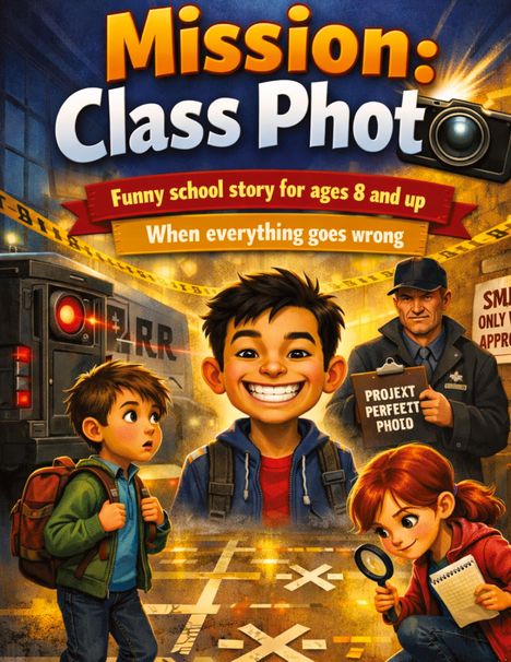 "Mission: Class Photo" zeigt lächelnde Kinder, einen ernsten Mann mit Klemmbrett, ein Kamera-Logo und einen Lieferwagen.