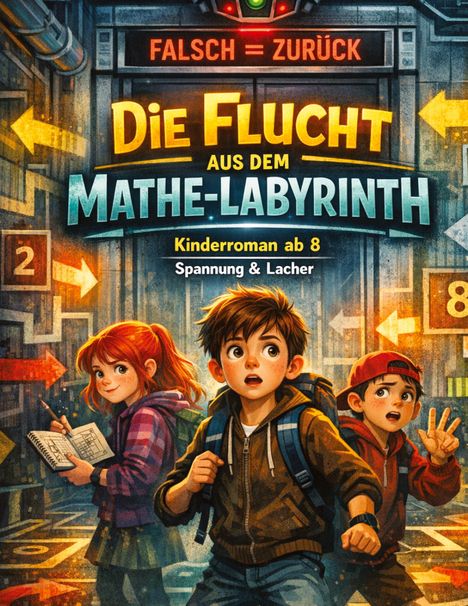 "FALSCH = ZURÜCK", "Die Flucht aus dem Mathe-Labyrinth", "Kinderroman ab 8", "Spannung & Lacher". Drei Kinder schauen überrascht.