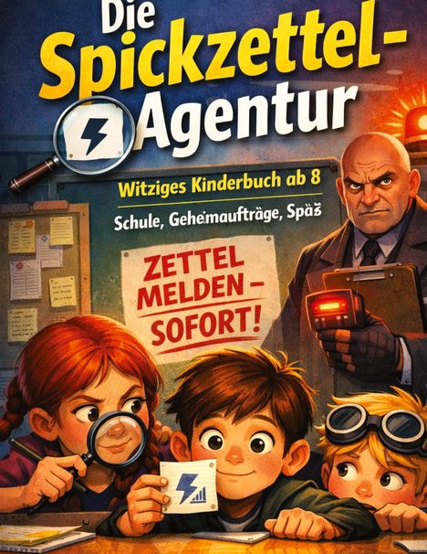 „Die Spickzettel-Agentur“. Illustration mit Kindern, Lupe, Blitzsymbol und strengem Mann, Notizwand im Hintergrund.