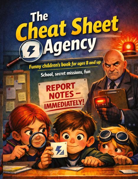"The Cheat Sheet Agency. Funny children's book for ages 8 and up. Report notes—immediately!" Illustration von Kindern.