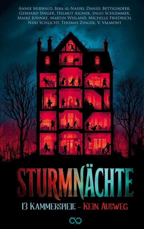 "Sturmnächte", "13 Kammerspiele - Kein Ausweg". Silhouetten in erleuchtetem, geheimnisvollem Haus bei Nacht.