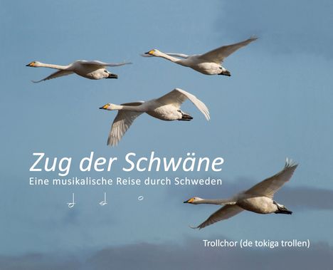 "Zug der Schwäne: Eine musikalische Reise durch Schweden" steht über fliegenden Schwänen am blauen Himmel.