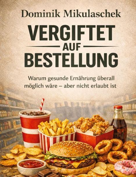 „Dominik Mikulaschek, VERGIFTET AUF BESTELLUNG. Ungesundes Essen wie Burger, Pommes, Cola vor einem Supermarktregal.“