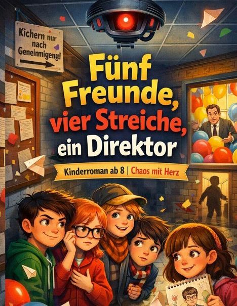 Fünf Freunde, Kinderroman ab 8. Ein Direktor in einem Raum voller Luftballons; fünf Kinder draußen aufgeregt.