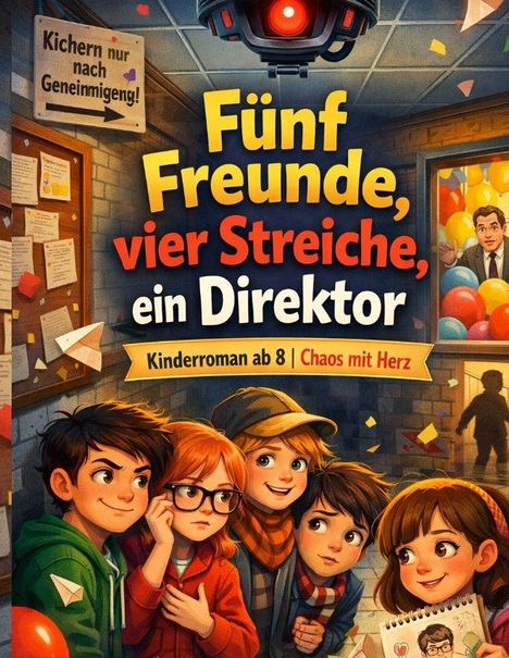 Text: "Fünf Freunde, vier Streiche, ein Direktor. Kinderroman ab 8 | Chaos mit Herz." Fünf Kinder vor Schultafel, Überwachungskamera.