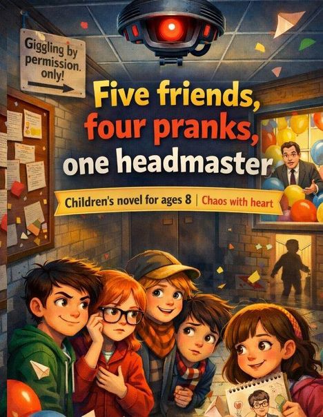 Fünf Kinder lachen, während ein Direktor im Hintergrund überrascht aussieht. Text: "Five friends, four pranks, one headmaster."