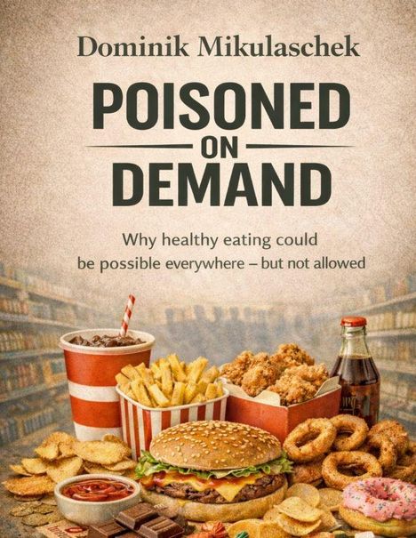 "Dominik Mikulaschek. POISONED ON DEMAND. Why healthy eating could be possible everywhere – but not allowed."  
Im Vordergrund gibt es Burger, Pommes, Cola, Donuts und andere Snacks.