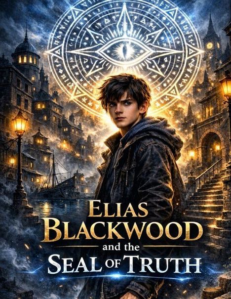 "Elias Blackwood and the Seal of Truth" steht im Vordergrund, hinter einer jungen Person vor einer mystischen, alten Stadt.