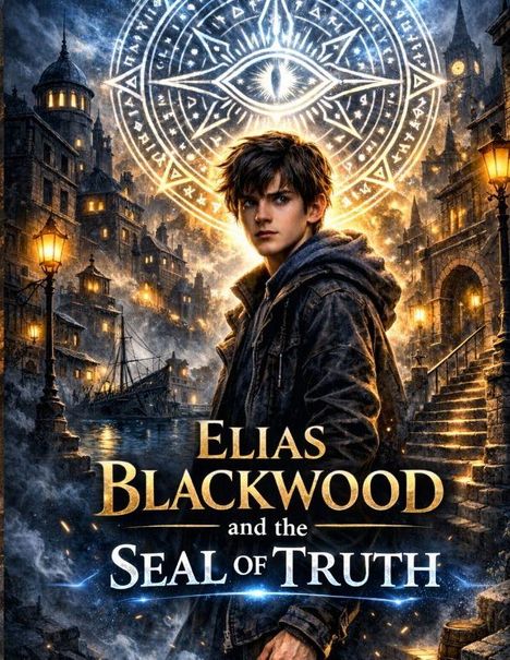 „ELIAS BLACKWOOD AND THE SEAL OF TRUTH“ steht vor einem jungen Mann in mittelalterlicher Stadt mit magischem Auge oben.