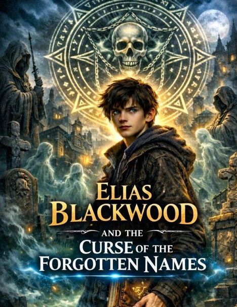 "Elias Blackwood and the Curse of the Forgotten Names." Illustration mit mystischen Symbolen, düstere Stimmung.