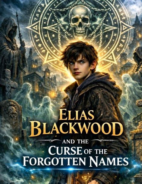 „Elias Blackwood and the Curse of the Forgotten Names“. Junge vor mystischer, dunkler Kulisse mit Schädel und Geistern.