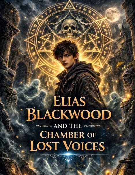 „Elias Blackwood and the Chamber of Lost Voices“; Junge in Robe, Geister, Ruinen, großer leuchtender Schädel im Hintergrund.