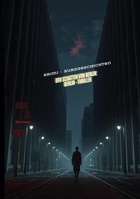 "Krimi-Kurzgeschichten: Der Schatten von Berlin: Berlin-Thriller." Dunkle Gasse, beleuchtet von Straßenlampen, Person im Mantel.