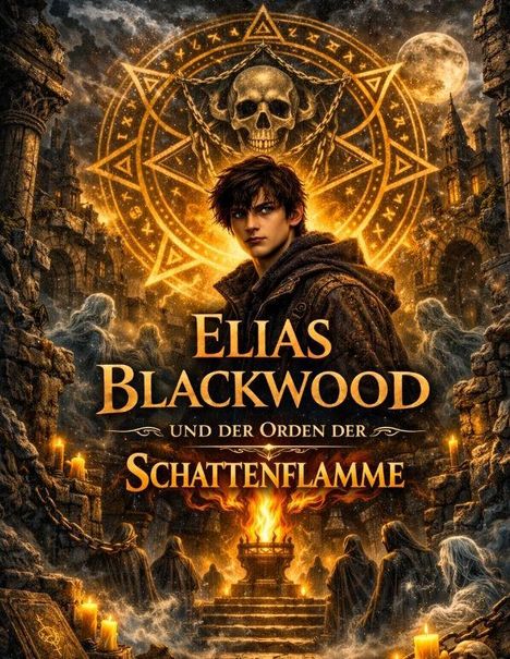 „Elias Blackwood und der Orden der Schattenflamme“ steht im Fokus. Ein junger Mann, mystische Ruinen, Schädel-Symbolik.