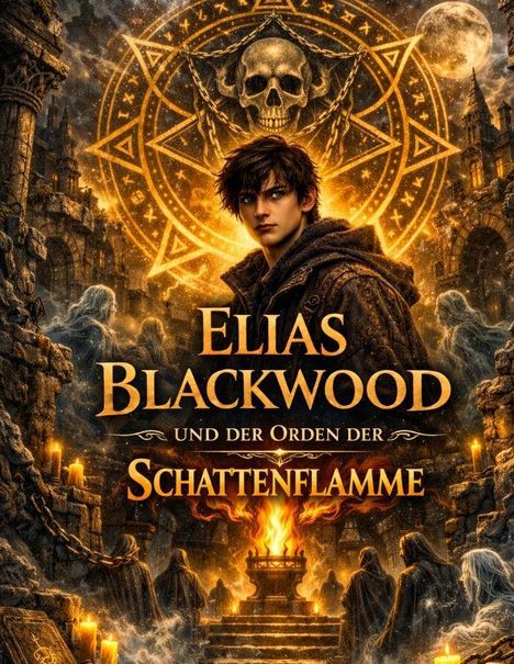 "Elias Blackwood und der Orden der Schattenflamme." Eindrucksvolle Illustration eines jungen Mannes, Totenkopf, Flammen.