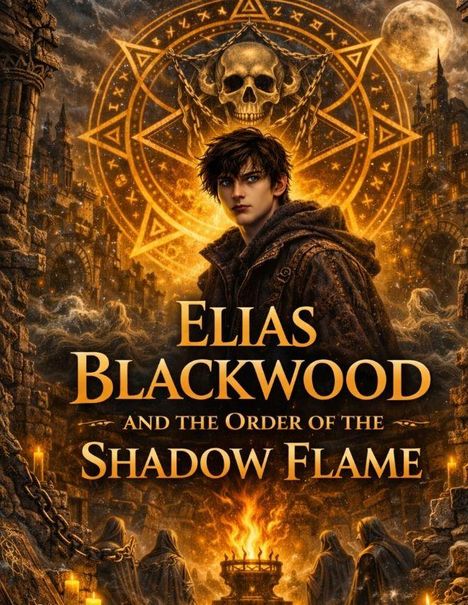Elias Blackwood and the Order of the Shadow Flame. Junge vor einem leuchtenden, magischen Symbol mit Schädel, umgeben von Kerzen.