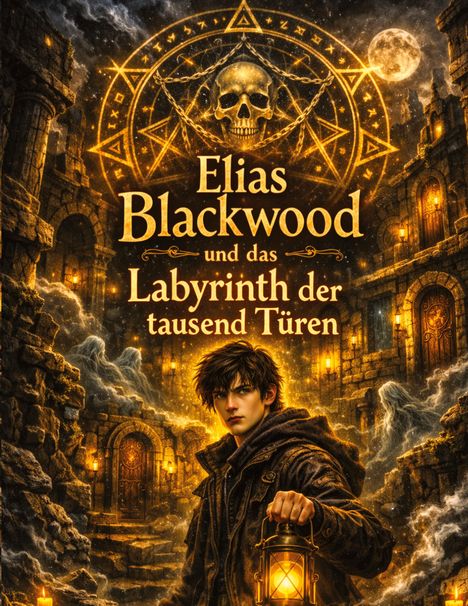 Text: "Elias Blackwood und das Labyrinth der tausend Türen." Illustration: Junge mit Laterne vor mystischem, Tür-reichem Hintergrund.