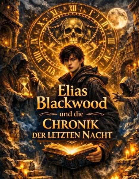 „Elias Blackwood und die Chronik der letzten Nacht“. Junge mit Buch, daneben Kapuzenfiguren; Uhr mit Totenkopf-Hintergrund.