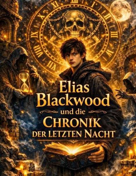 "Elias Blackwood und die Chronik der letzten Nacht" steht in goldener Schrift über einem Buch mit Magier und Uhrwerk.