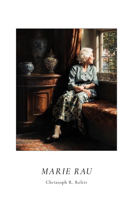 Text: „MARIE RAU“, „Christoph R. Reltir“. Eine ältere Frau schaut nachdenklich aus einem Fenster. Rechte Seite von Licht erfüllt.