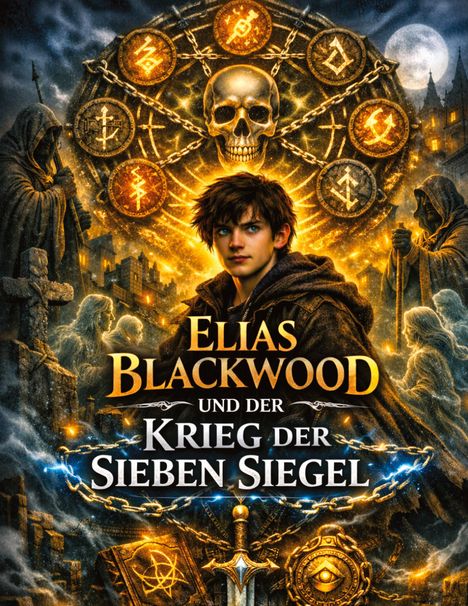 Text: "ELIAS BLACKWOOD UND DER KRIEG DER SIEBEN SIEGEL". Junge in dunkler Kleidung vor magischem Kreis und Skelett.