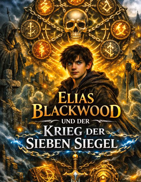 Buchtitel: "Elias Blackwood und der Krieg der Sieben Siegel". Illustration: Junge, Totenkopf, Symbole, Ketten und Mönche mit Kapuzen.