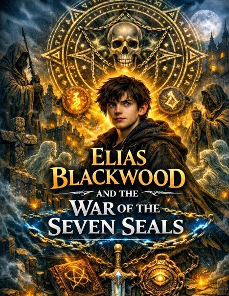 „Elias Blackwood and the War of the Seven Seals“. Junge in mittelalterlicher Umgebung, Schädel und mystische Symbole.