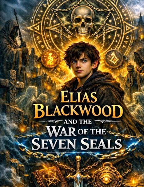 „Elias Blackwood and the War of the Seven Seals“. Illustration: Junge in braunem Umhang vor mystischem, leuchtendem Hintergrund.