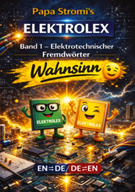 "Papa Stromi's ELEKTROLEX Band 1 – Elektrotechnischer Fremdwörter Wahnsinn 😏" Zwei Comic-Charaktere mit "ELEKTROLEX".