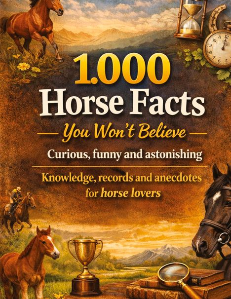 "1.000 Horse Facts You Won't Believe. Curious, funny and astonishing. Knowledge, records and anecdotes for horse lovers." Illustration mit Pferden, einer Sanduhr, einem Kompass und einem Pokal.
