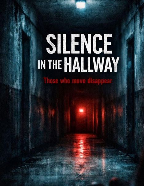 "SILENCE IN THE HALLWAY. Those who move disappear." Dunkler, bedrohlicher Flur mit schwachem rotem Licht am Ende.