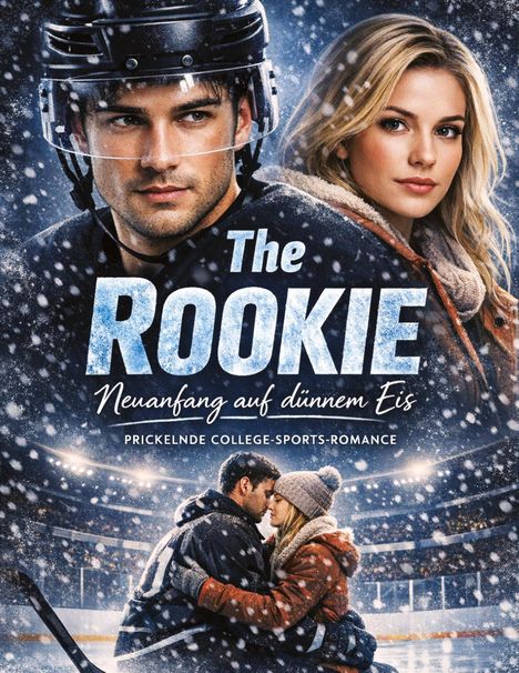 „The Rookie: Neuanfang auf dünnem Eis. Prickelnde College-Sports-Romance.“ Ein Eishockeyspieler und eine Frau im Schnee.