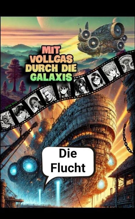 „Mit Vollgas durch die Galaxis“, „Die Flucht“. Illustration: futuristische Raumschiffe und Filmstreifen mit Charakteren.