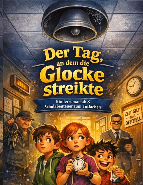"Der Tag, an dem die Glocke streikte" zeigt drei Kinder in einem Schulflur. Ein Mädchen hält eine Uhr.