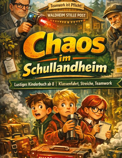 „Chaos im Schullandheim“, Waldheim Stille Post, Teamwork ist Pflicht! Kinder, Lehrer und ein älterer Mann in illustrativer Szene.
