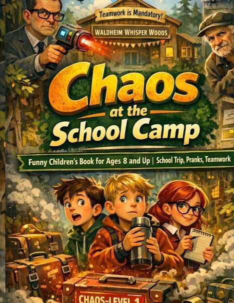 "Chaos at the School Camp" steht in großen Buchstaben. Kinder mit Koffern und ein Mann mit Brille und Gerät sind abgebildet.