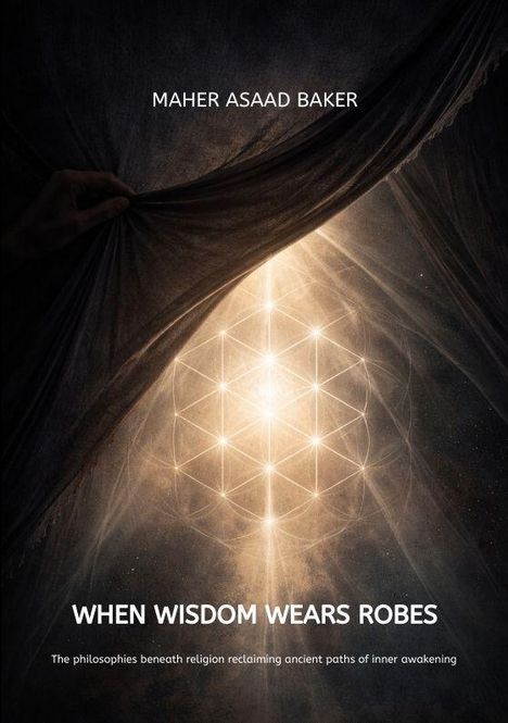 "WHEN WISDOM WEARS ROBES" steht groß geschrieben. Eine Hand zieht einen Vorhang zurück, um ein strahlendes geometrisches Muster zu enthüllen.