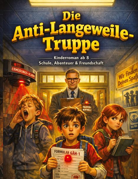 „Die Anti-Langeweile-Truppe“, „Kindroman ab 8“, „Ermüdungs-Alarm“. Drei Kinder und ein Erwachsener mit Büroausstattung.