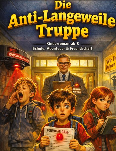 Titel: "Die Anti-Langeweile Truppe", Kinderroman ab 8. Szene: Drei überraschte Kinder. Ein Junge gähnt. Ein Mann im Anzug.