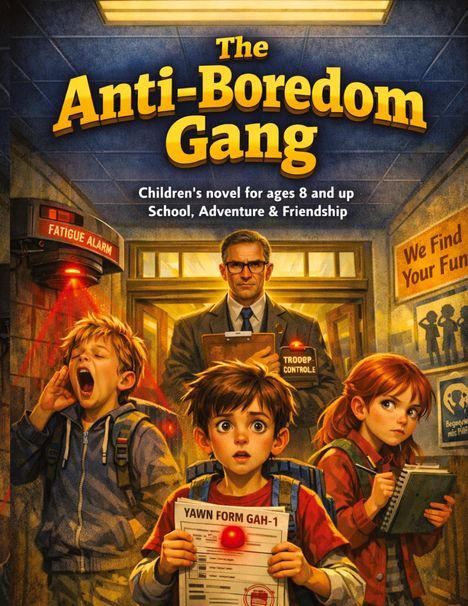 "The Anti-Boredom Gang", Buch für Kinder ab 8 Jahren, Schule, Abenteuer & Freundschaft. Kinder und Mann mit Klemmbrett im Flur.