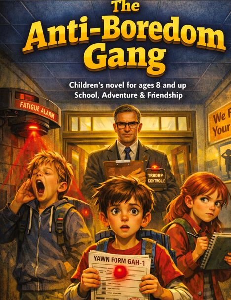 "The Anti-Boredom Gang", Kinderbuch ab 8, Schule, Abenteuer & Freundschaft. Illustrativ ist ein wachsender Alarm zu sehen.