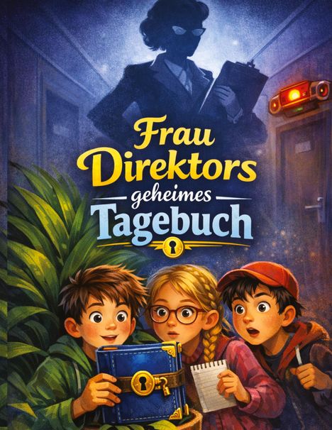 „Frau Direktors geheimes Tagebuch“ steht in leuchtenden Buchstaben. Drei Kinder schauen überrascht auf ein Tagebuch.