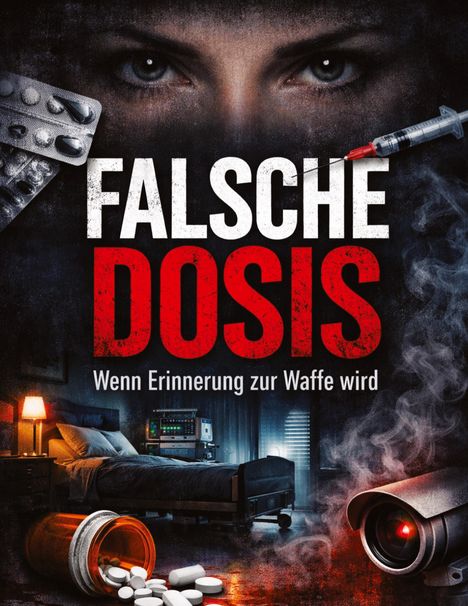 Text: "FALSCHE DOSIS - Wenn Erinnerung zur Waffe wird."  
Illustration: Bedrohlich blickende Augen, Tabletten, Spritze.