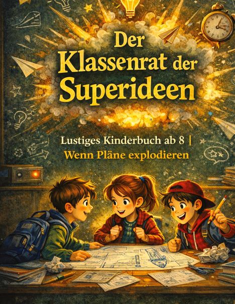 "Der Klassenrat der Superideen. Lustiges Kinderbuch ab 8 | Wenn Pläne explodieren." Illustration: Drei Kinder am Tisch.