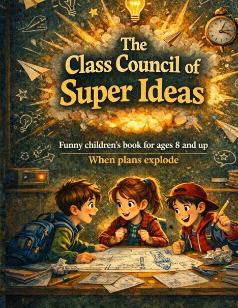 "The Class Council of Super Ideas. Funny children's book for ages 8 and up. When plans explode." Drei Kinder mit Plänen.