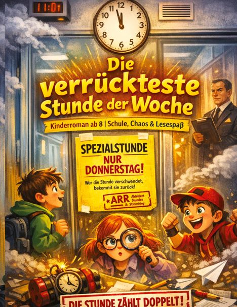 "Die verrückteste Stunde der Woche. Spezialstunde nur Donnerstag!" Kinder mit spannungsvollen Ausdrücken, Uhrzeit 11:01.