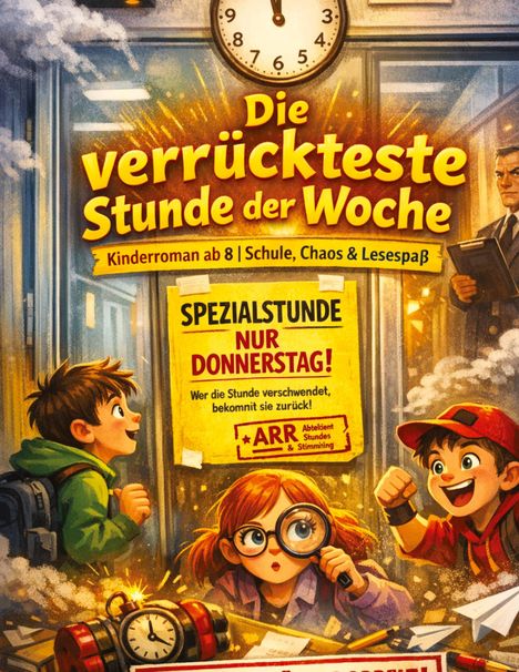 "Die verrückteste Stunde der Woche", Kinderrroman ab 8. Illustration mit Kindern, einer Uhr und einer dynamischen Szene.